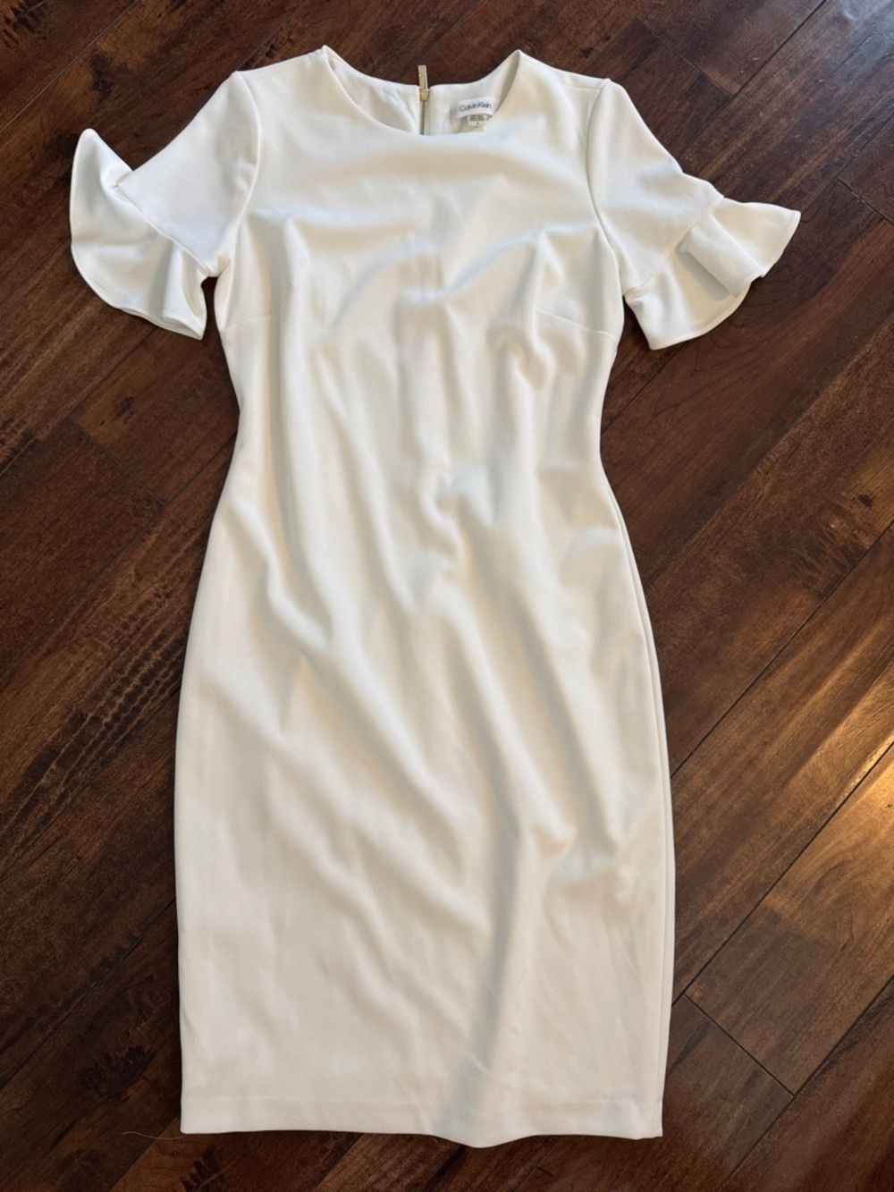 Calvin Klein Cream Midi Sheath Dress with Ruffle Sleeves